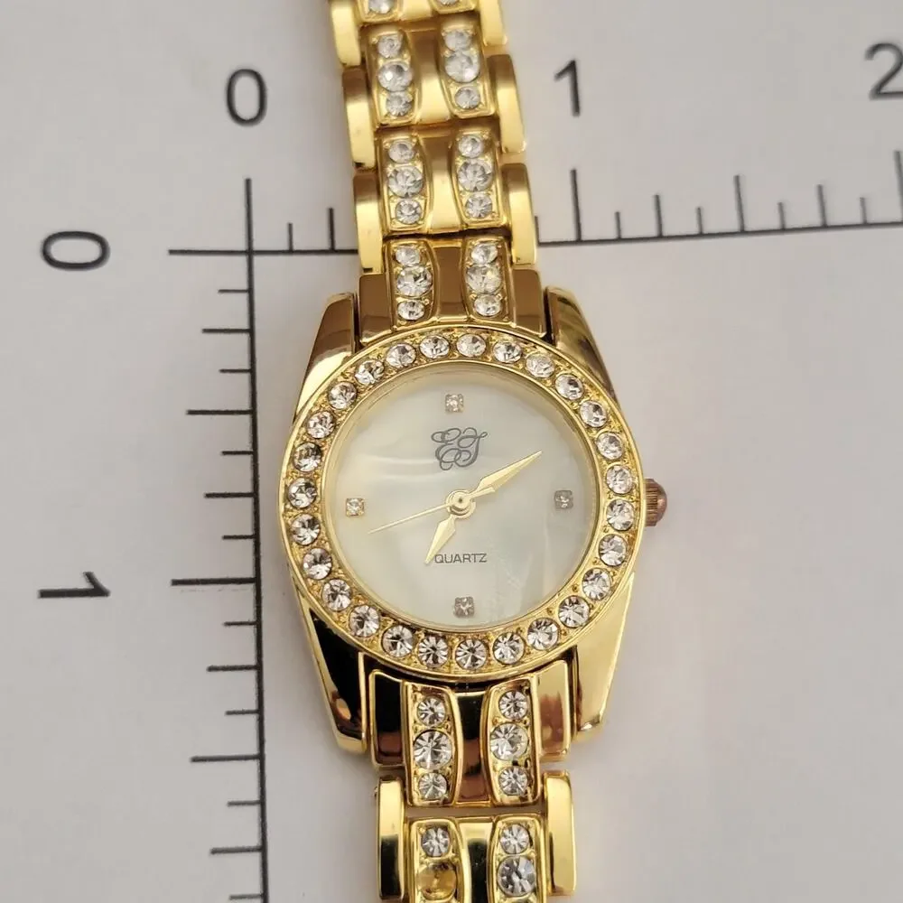 Vintage EJ Womens Watch White Dial Gold Case Crystal Bezel Bracelet Quartz